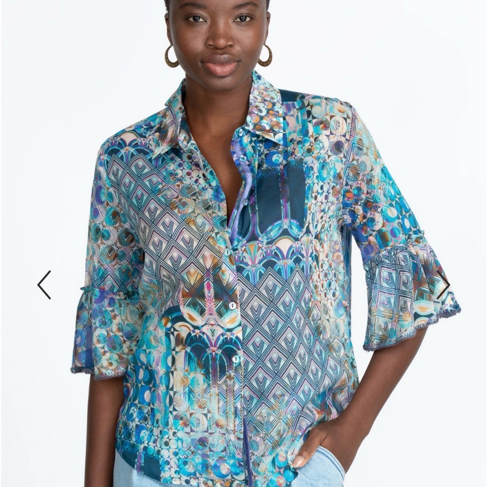 Johnny Was Teal Multi-Pattern Button Front Blouse - image 1